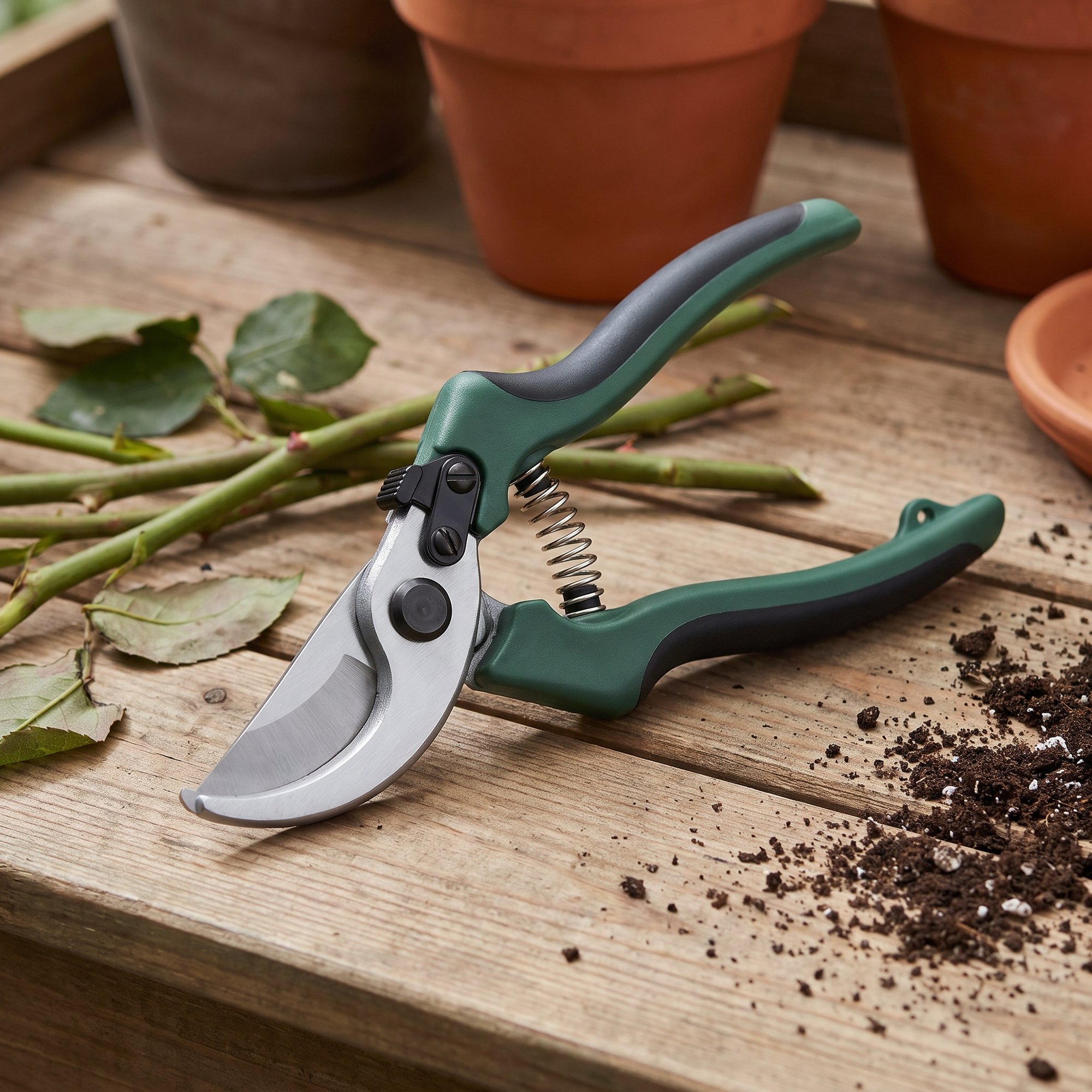 Fieldstone 8 inch bypass hand pruner on a wooden potting bench with cut rose stems