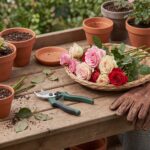 Fieldstone hand pruner beside a basket of cut roses and leather gardening gloves
