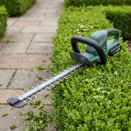 Hedgerow 40V cordless hedge trimmer resting on a clipped boxwood hedge