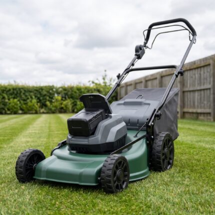 Meridian 21 inch 60V cordless self-propelled lawn mower on a striped lawn