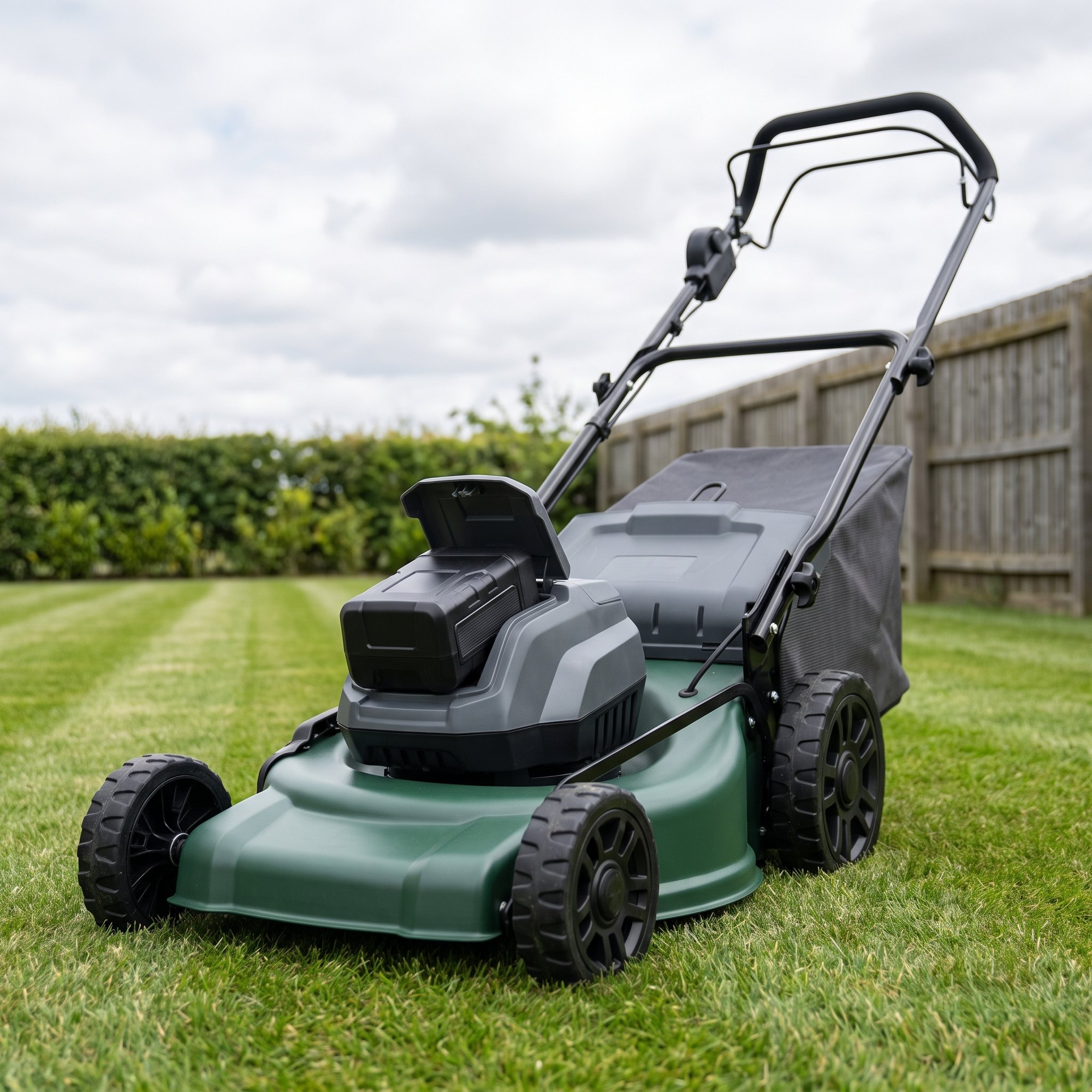 Meridian 21 inch 60V cordless self-propelled lawn mower on a striped lawn