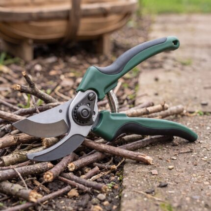 Orchard ratchet pruner from above with the handles apart and the jaw open