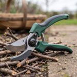 Orchard ratchet anvil pruner on a garden path among dry deadwood twigs