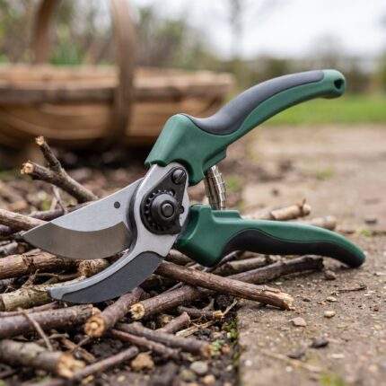 Orchard ratchet anvil pruner on a garden path among dry deadwood twigs