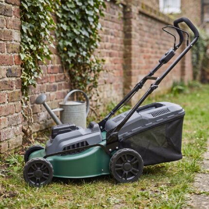 Ridgeline push mower in full side profile showing the cutting-height lever
