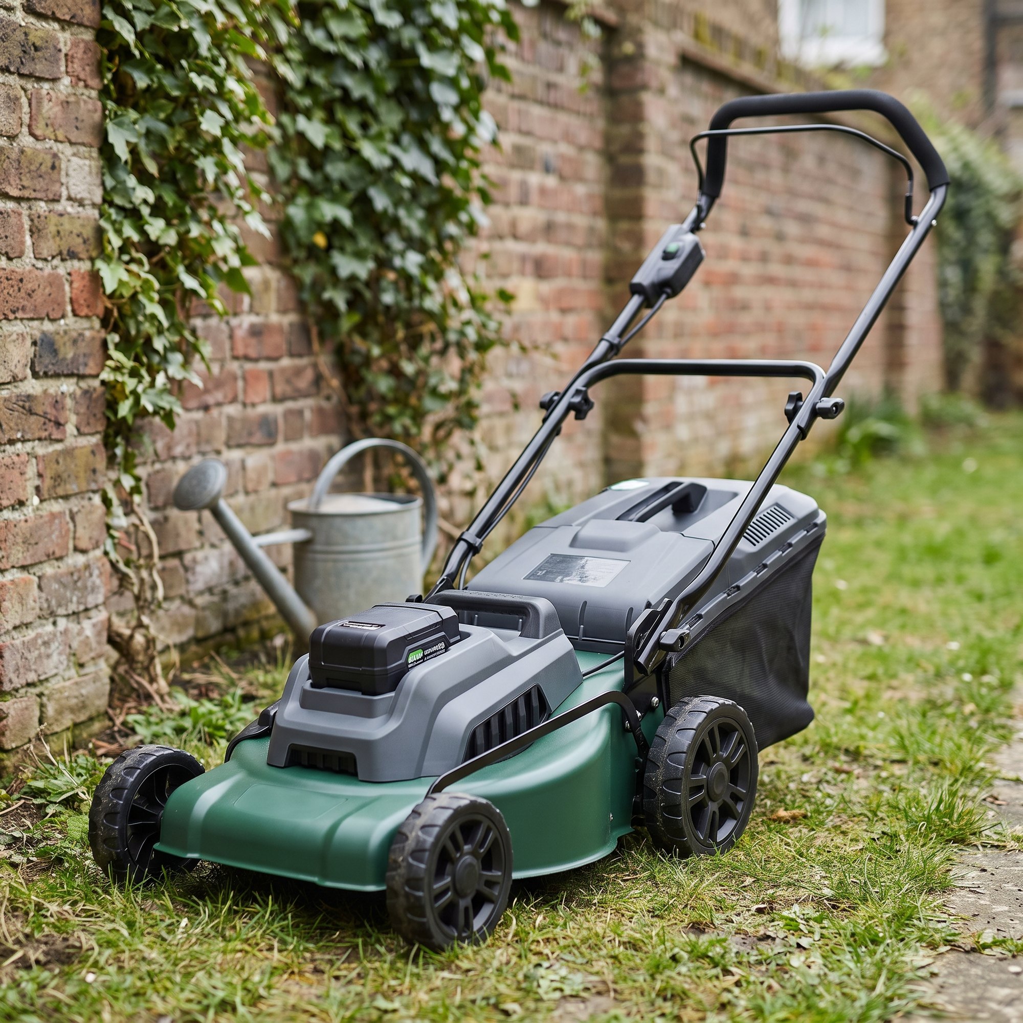 Ridgeline 17 inch 40V cordless push lawn mower in a city back garden