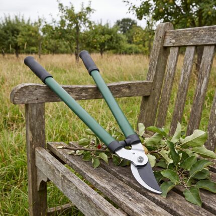 Timberline 32 inch bypass lopper on a timber bench beside cut apple branches