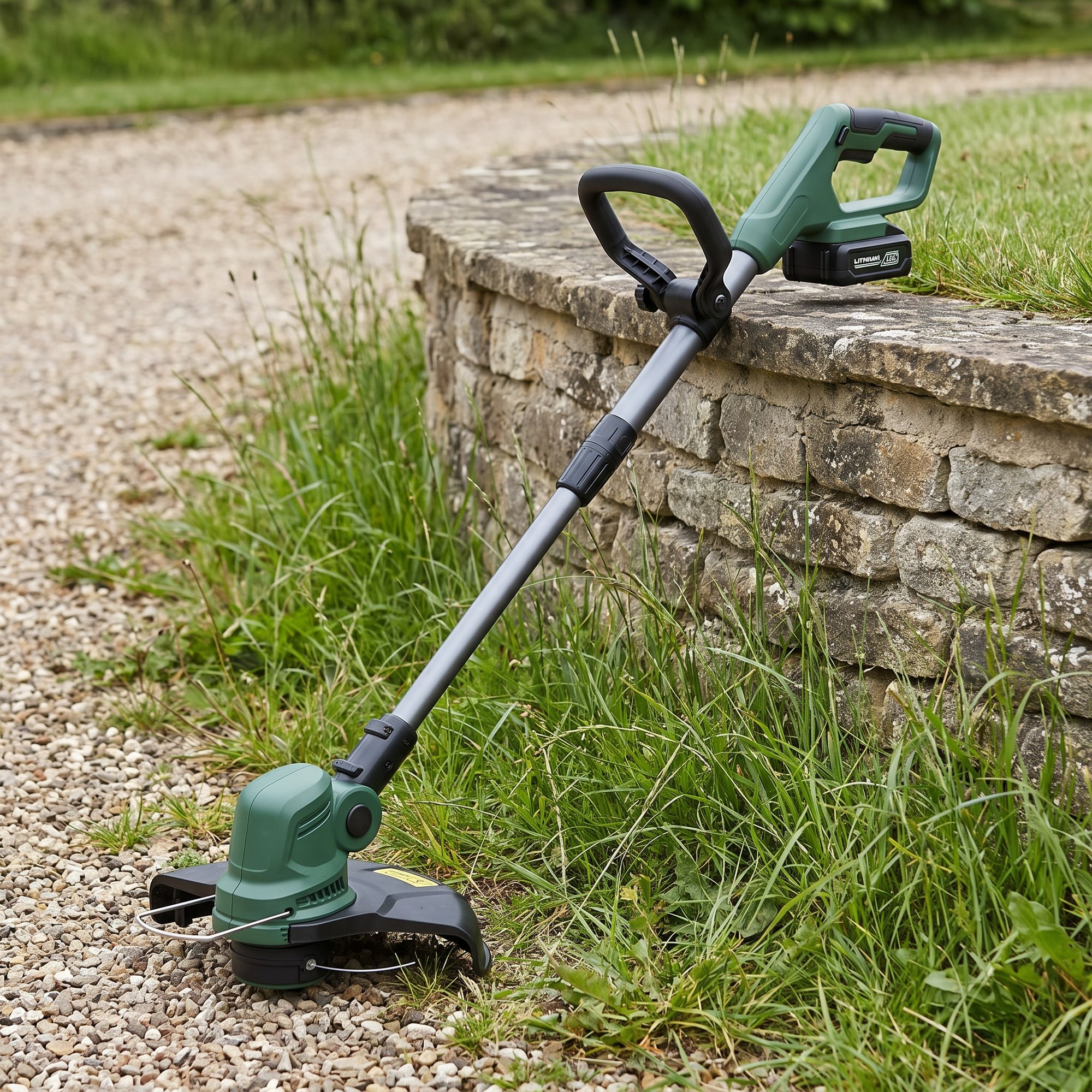 Trailhead 40V cordless string trimmer leaning against a low stone garden wall